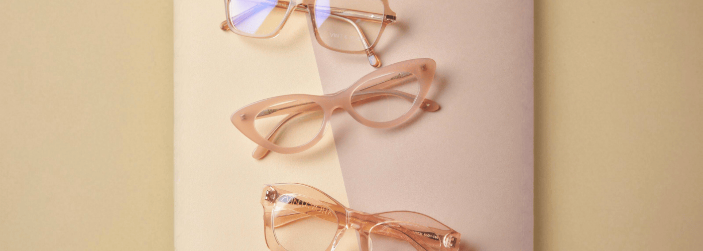 Model showcases trendy eyeglasses for women